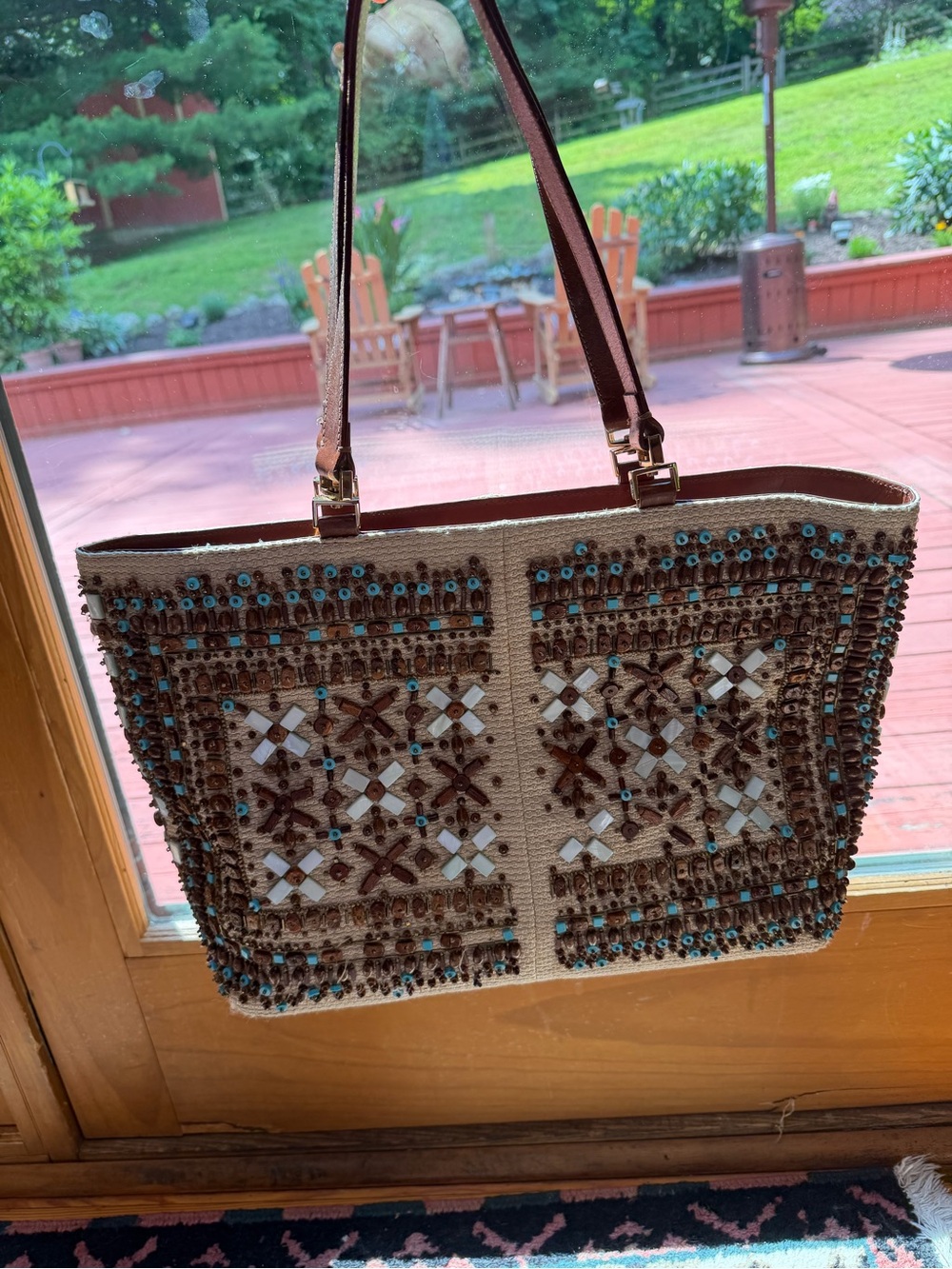 Oscar de la Renta VINTAGE Woven Raffia Tote w/Turquoise & Brown Beadwork as is